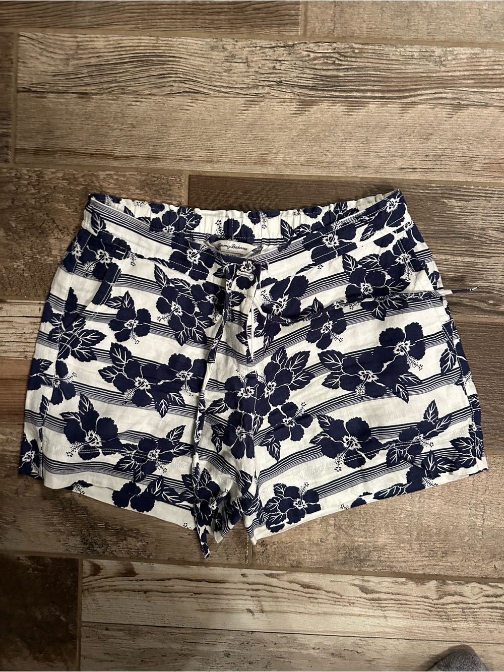 Tommy Bahama Navy and White Floral Stripe Bermuda Shorts